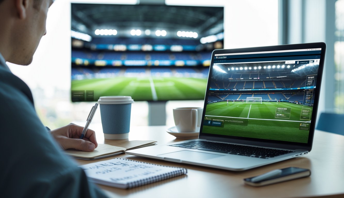 Seseorang sedang belajar membaca odds taruhan bola di depan laptop dengan catatan dan secangkir kopi di meja, dengan layar besar menampilkan pertandingan sepak bola di latar belakang.