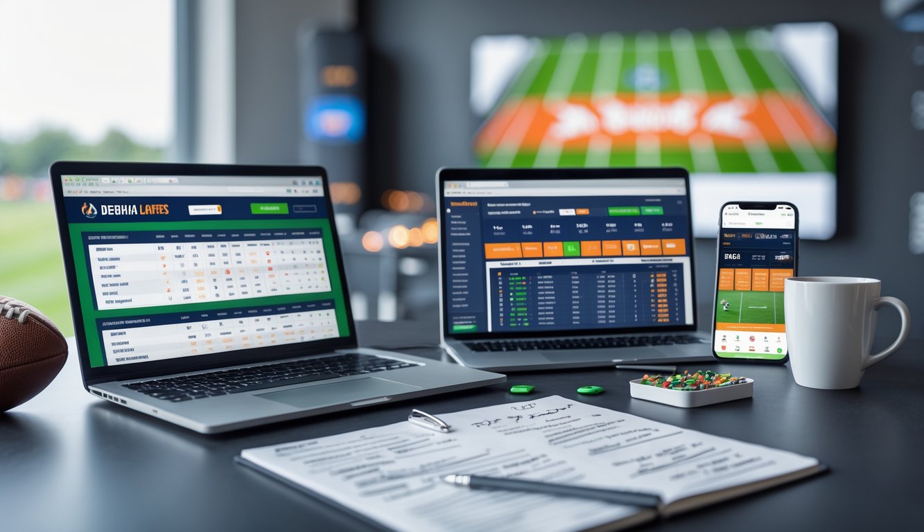Meja kerja dengan laptop menampilkan situs taruhan sepak bola, notepad dengan catatan, ponsel dengan skor pertandingan, dan bola sepak kecil di atas meja.