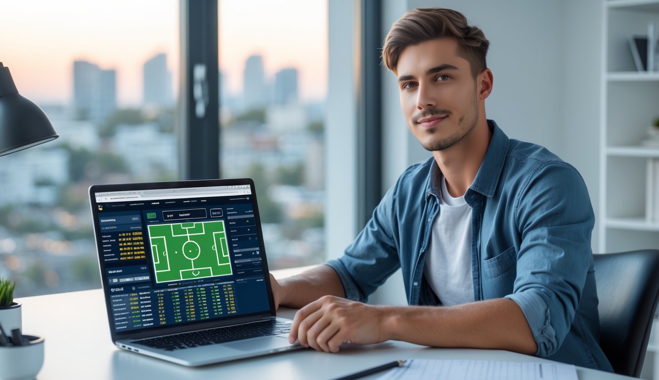 Seorang pria muda duduk di meja dengan laptop dan smartphone, fokus menganalisis taruhan sepak bola di ruang kerja yang terang.