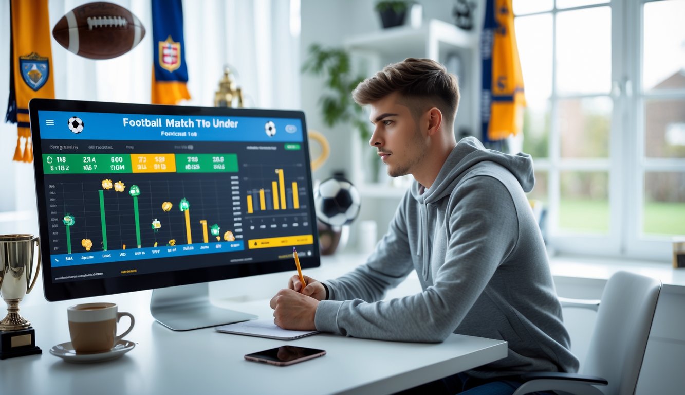 Seorang pria muda duduk di meja dengan laptop, menganalisis data pertandingan sepak bola dan mencatat informasi taruhan over under.