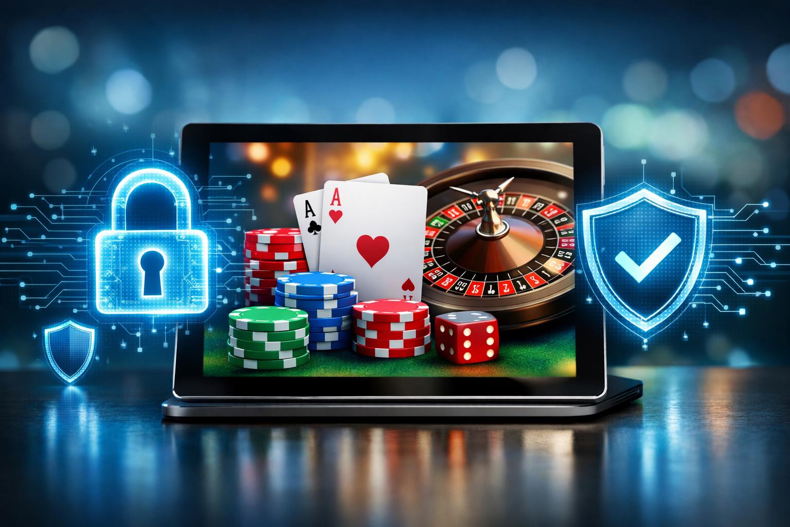 A Digital Device Showing Casino Elements Like Poker Chips And Cards With Security Icons Such As A Padlock And Shield Around It.
