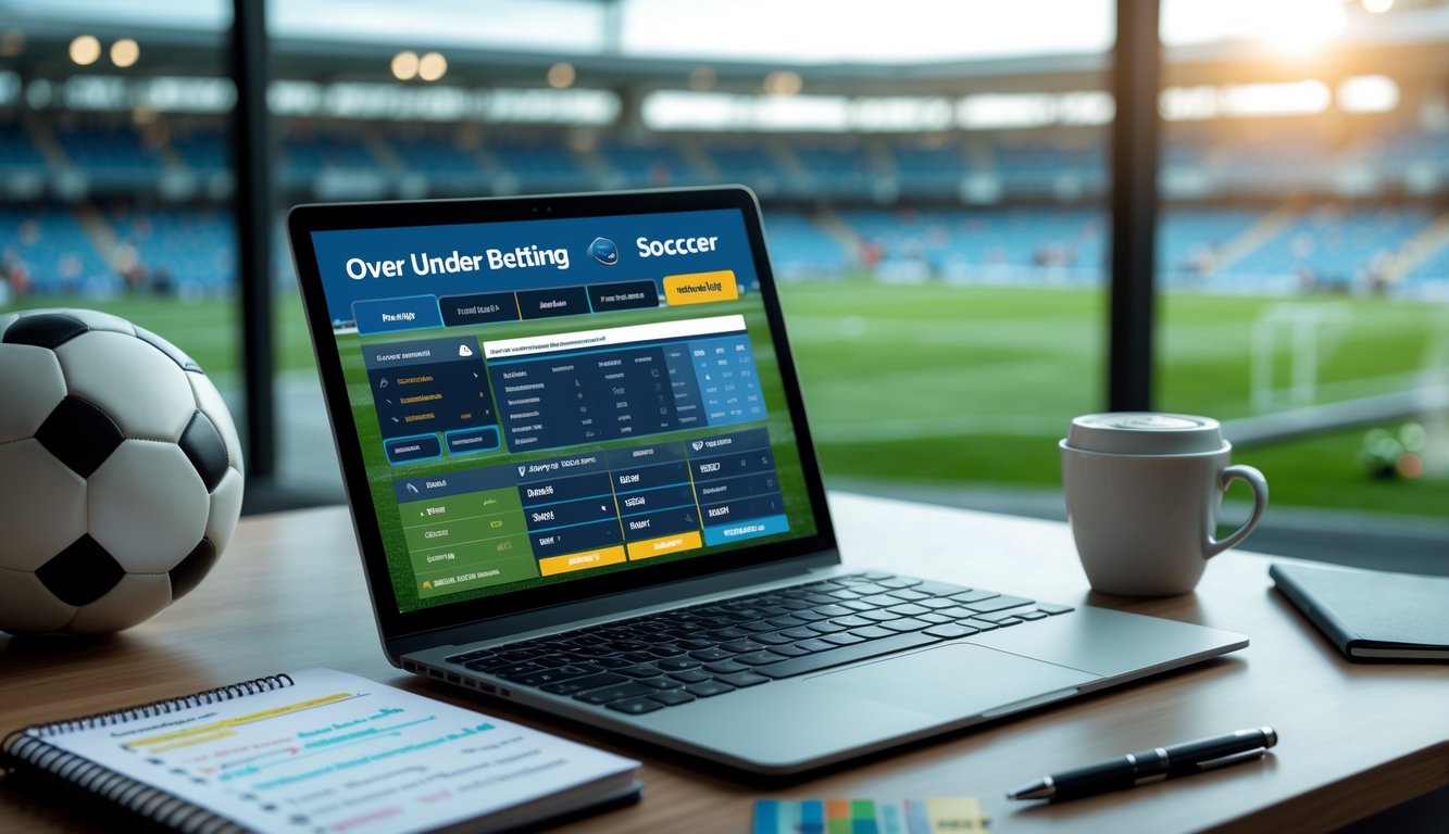 Seorang pemain taruhan bola menggunakan laptop dengan tampilan opsi taruhan Over Under, termasuk bola sepak dan alat tulis, dengan latar belakang pertandingan sepak bola.