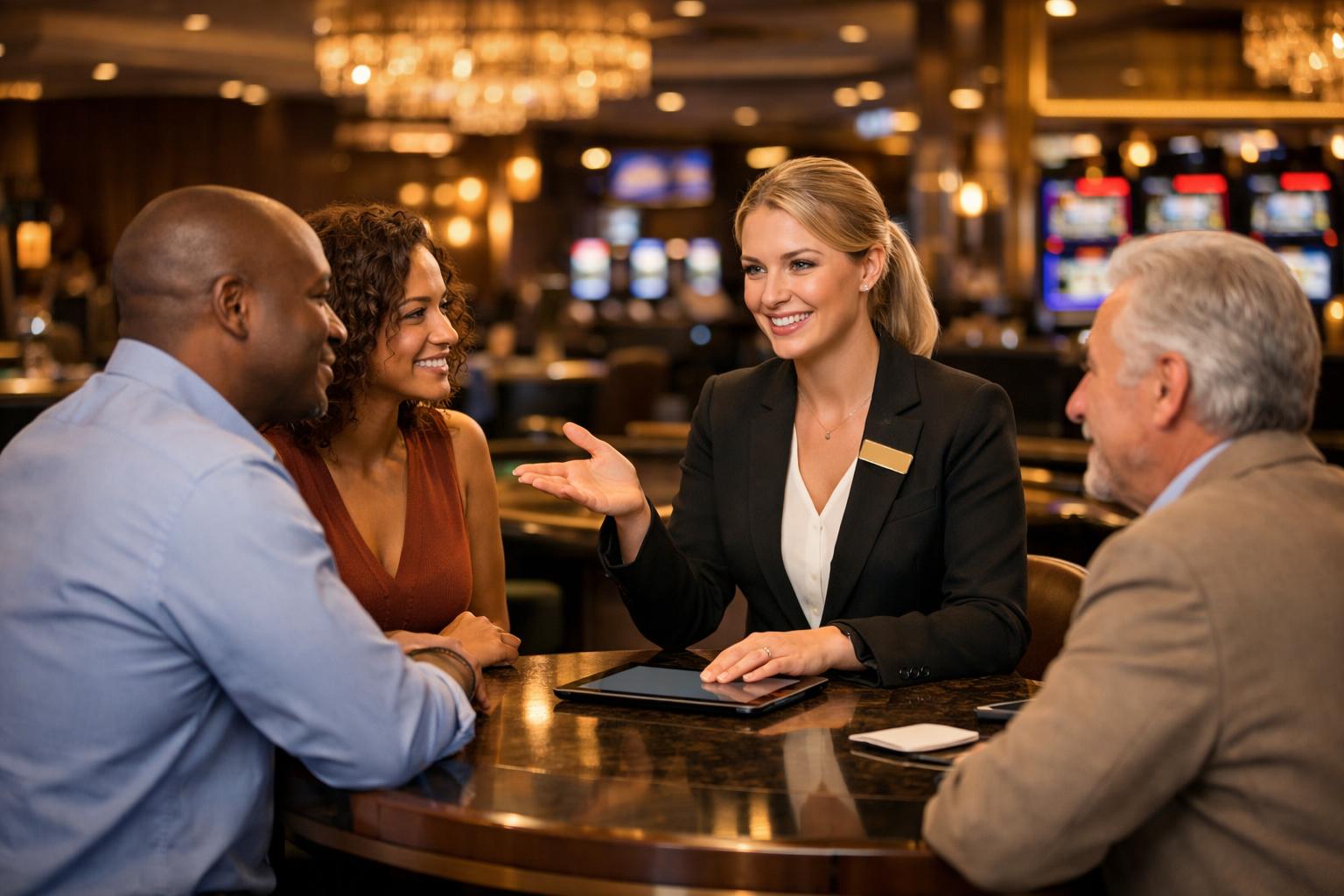 A Casino Interior With Gaming Tables And Slot Machines, Showing A Customer Service Representative Assisting Patrons.