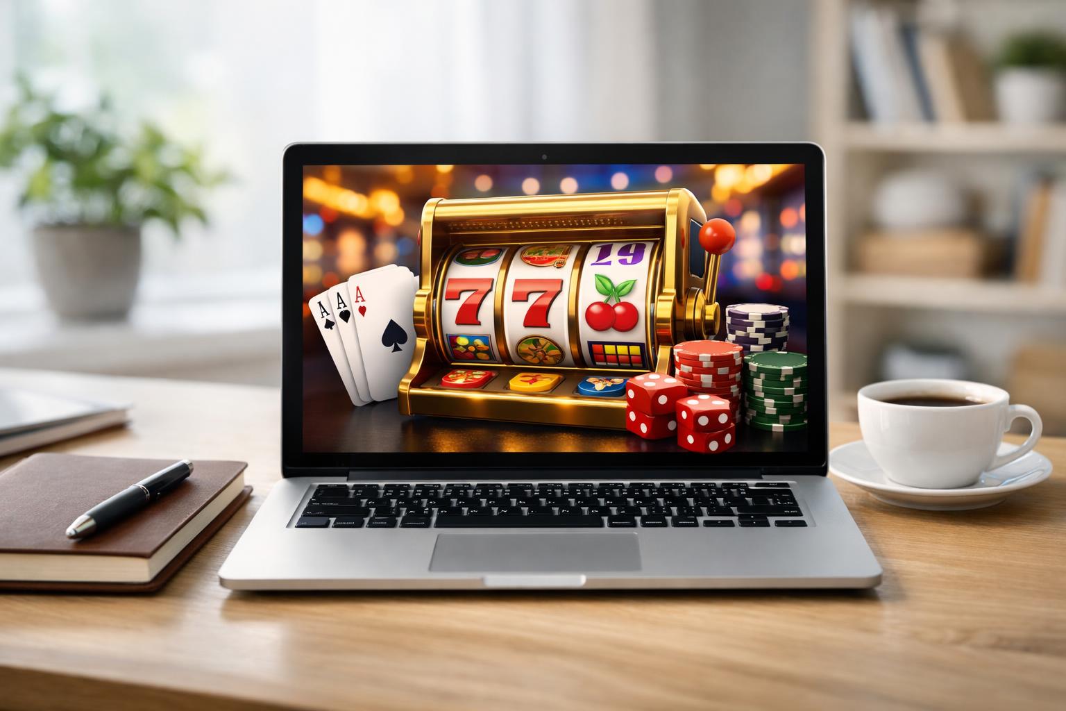 A Laptop On A Desk Displaying CasinoThemed Graphics Surrounded By A Notebook, Pen, And Coffee Cup In A Bright Workspace.