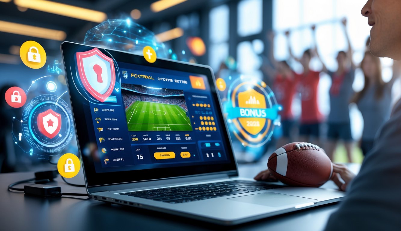 Seorang profesional menggunakan laptop dengan tampilan situs taruhan bola online yang menampilkan statistik pertandingan dan simbol keamanan di meja kerja.