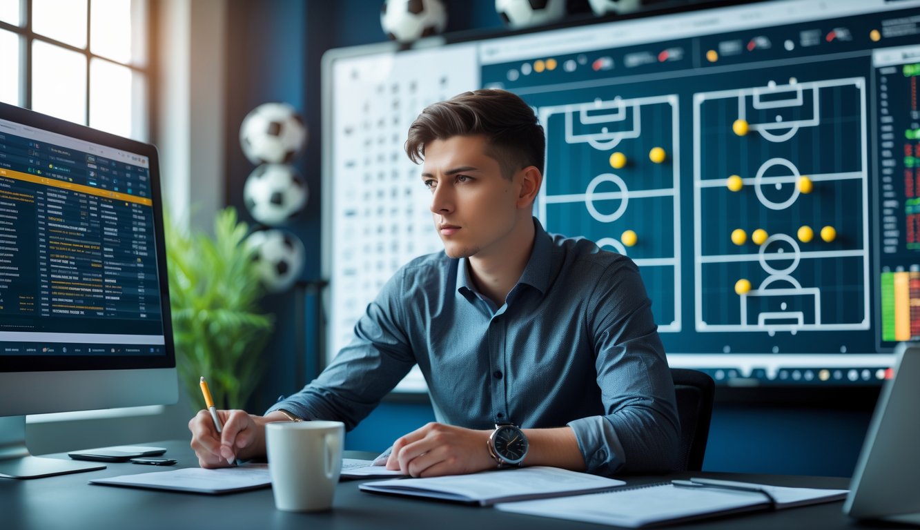 Seorang analis sepak bola sedang fokus bekerja di depan komputer dengan data pertandingan dan diagram taktik di layar, di sebuah ruang kantor modern.