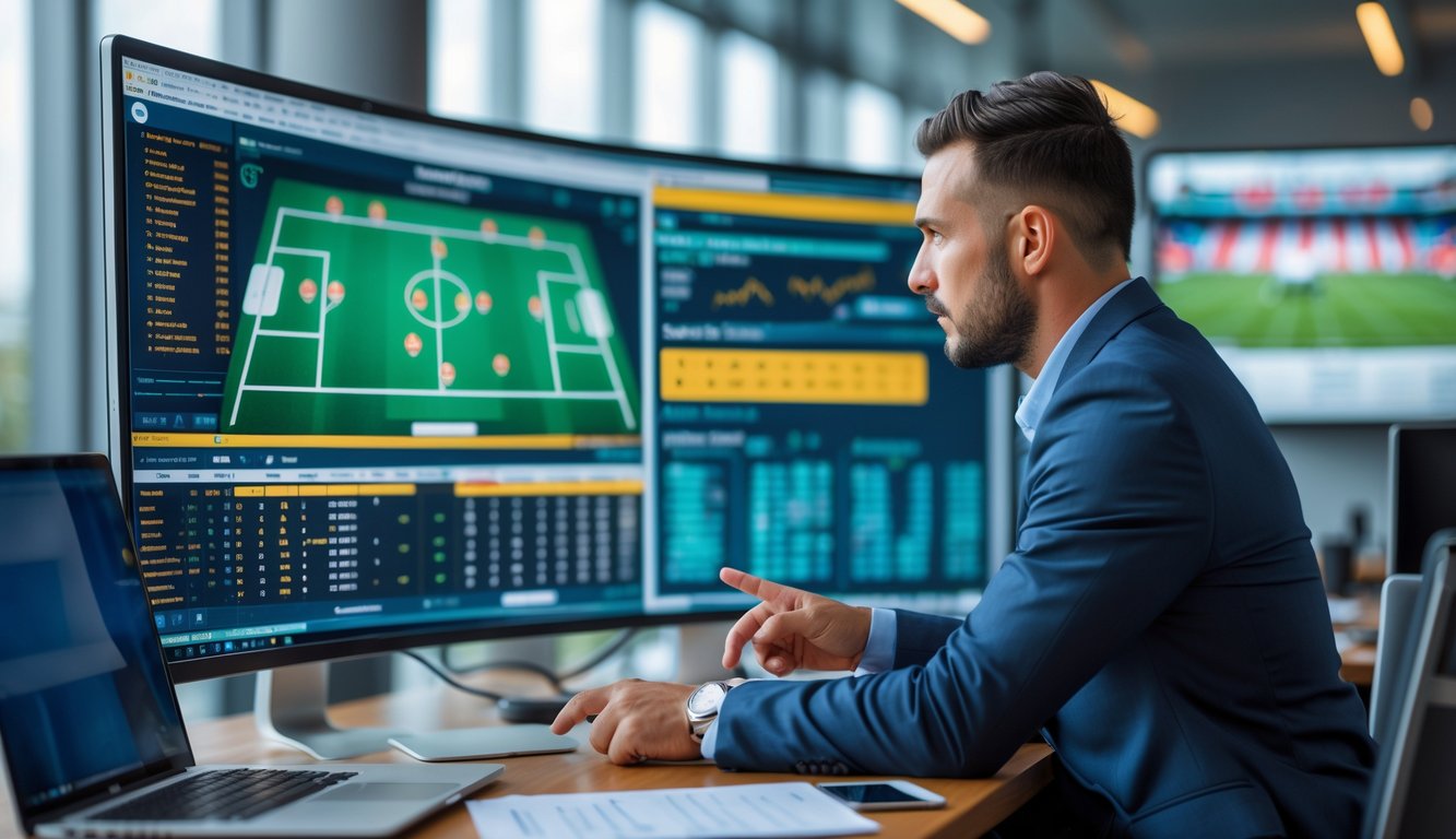 Seorang analis olahraga sedang memeriksa data pertandingan sepak bola di layar komputer di kantor modern.