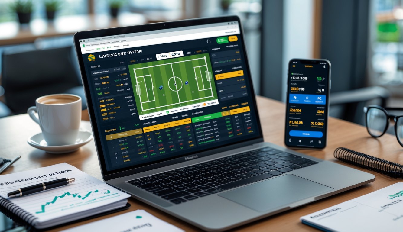 Seorang pria di meja kerja dengan laptop menampilkan pertandingan sepak bola langsung dan aplikasi taruhan, dikelilingi catatan dan ponsel, menunjukkan fokus pada strategi taruhan bola agar konsisten untung.