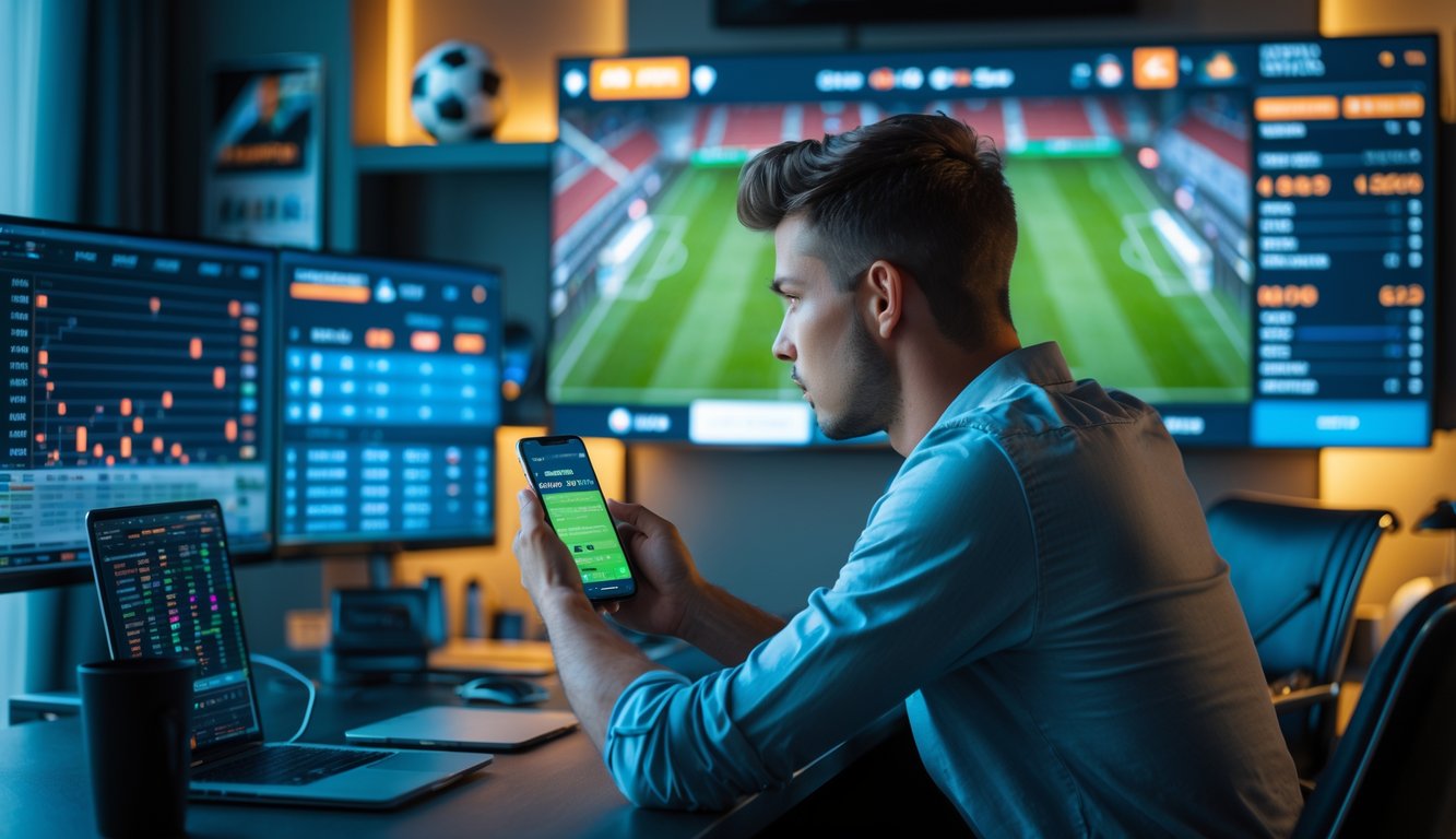 Seorang pria fokus duduk di depan layar besar menonton pertandingan sepak bola langsung dengan beberapa layar menampilkan statistik dan peluang taruhan, sambil menggunakan ponsel dan laptop.