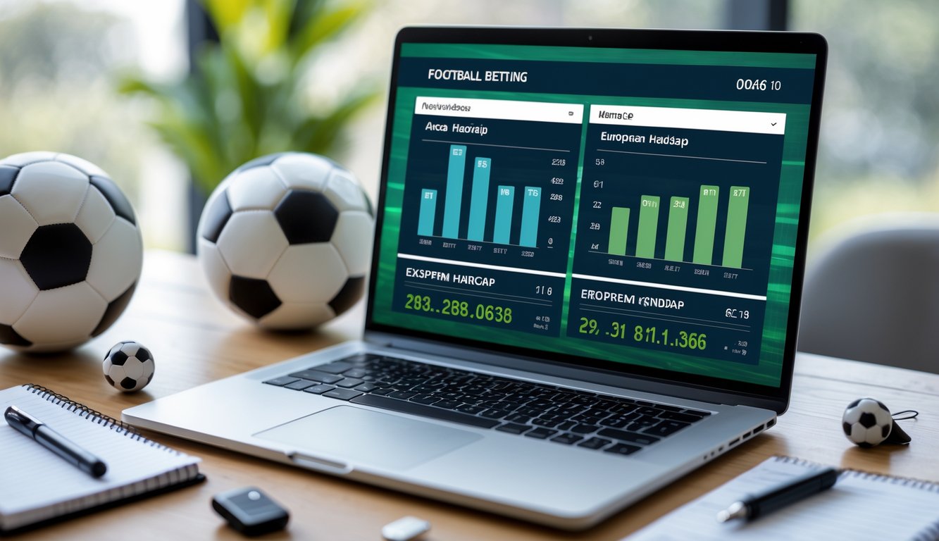 Meja kerja dengan laptop dan ponsel yang menampilkan data taruhan bola, bola sepak, peluit wasit, dan alat tulis di sekitarnya.