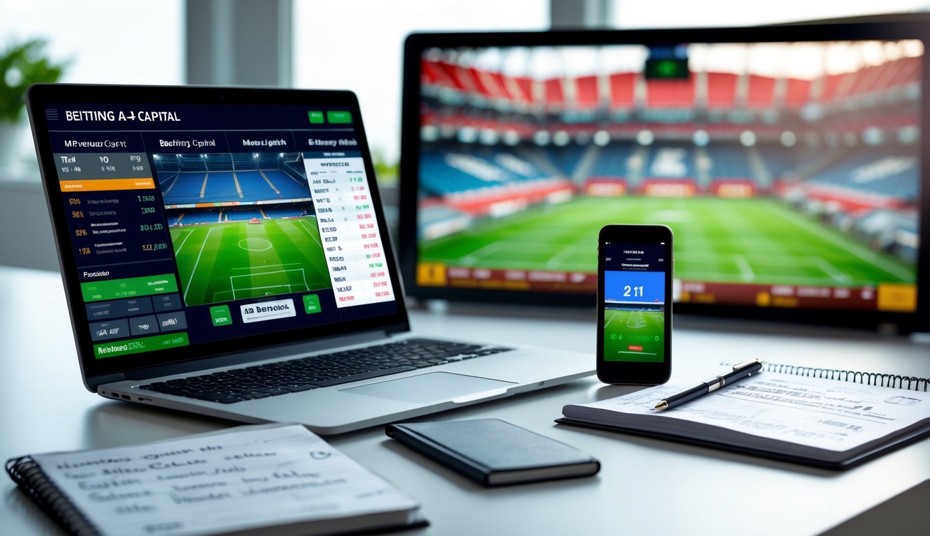 Meja kerja dengan laptop menampilkan statistik sepak bola, buku catatan dengan tulisan tangan, dan ponsel yang menunjukkan skor pertandingan sepak bola.