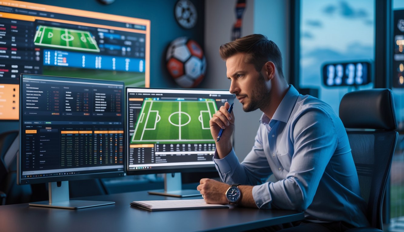Seorang analis olahraga sedang fokus melihat layar komputer yang menampilkan statistik dan data pertandingan sepak bola di sebuah ruangan dengan peralatan kerja modern.