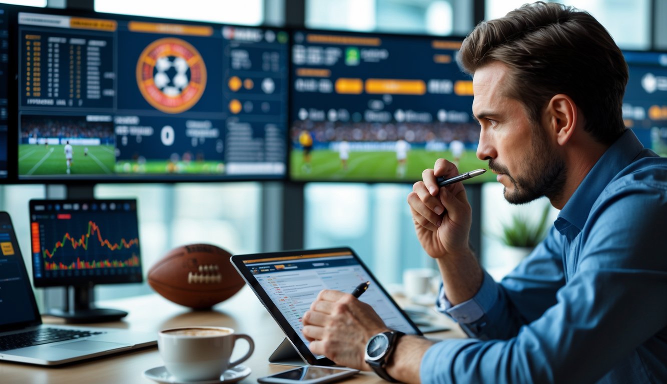 Seorang analis olahraga sedang memeriksa data pertandingan sepak bola di depan beberapa layar komputer di kantor modern.