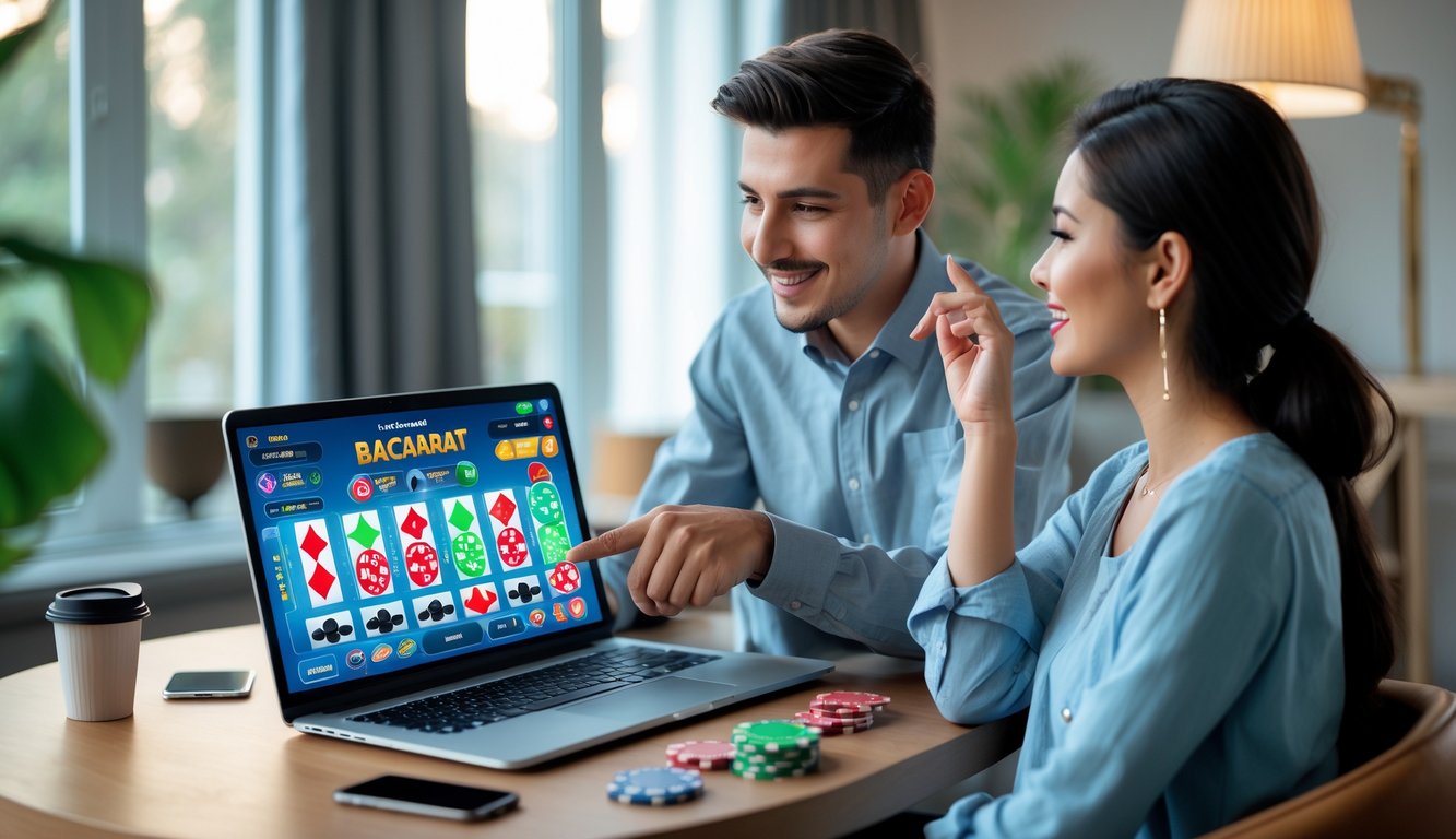 Seorang pria dan wanita muda duduk di meja bermain baccarat online menggunakan laptop, dengan ekspresi fokus dan suasana belajar yang ramah.