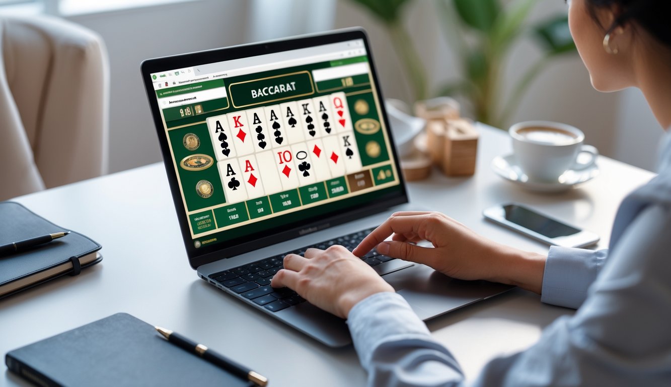 Seseorang sedang menggunakan komputer dengan tampilan permainan Baccarat online, di meja terdapat buku catatan dan secangkir kopi.