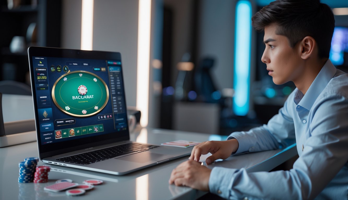 Seorang pemain muda duduk di depan komputer yang menampilkan permainan baccarat online, dengan chip poker dan kartu di atas meja dalam ruangan yang nyaman dan terang.