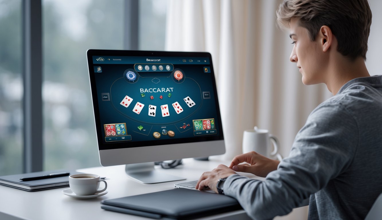 Seorang pemain muda sedang bermain permainan baccarat online di komputer di lingkungan rumah yang nyaman.