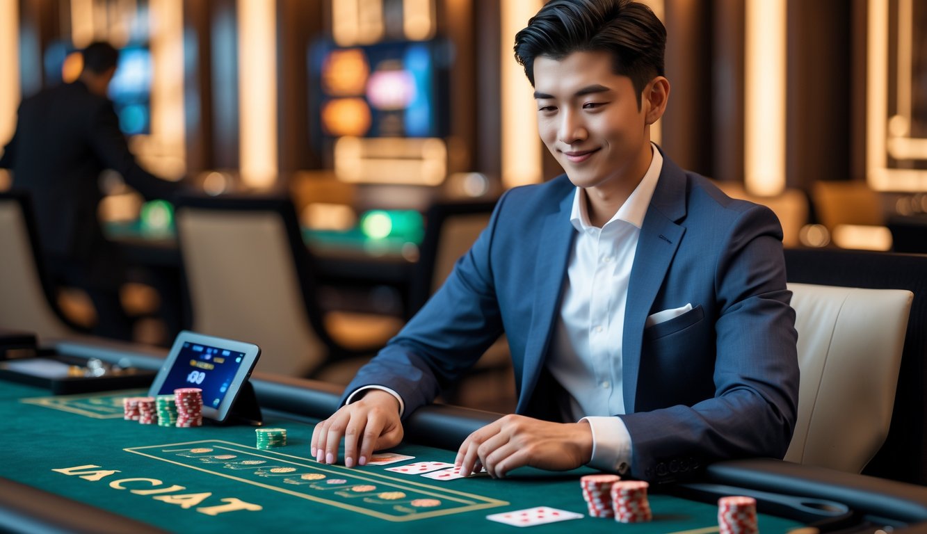 Seorang pria muda duduk di meja permainan baccarat dengan kartu dan chip, tampak fokus dan percaya diri di suasana kasino yang mewah.