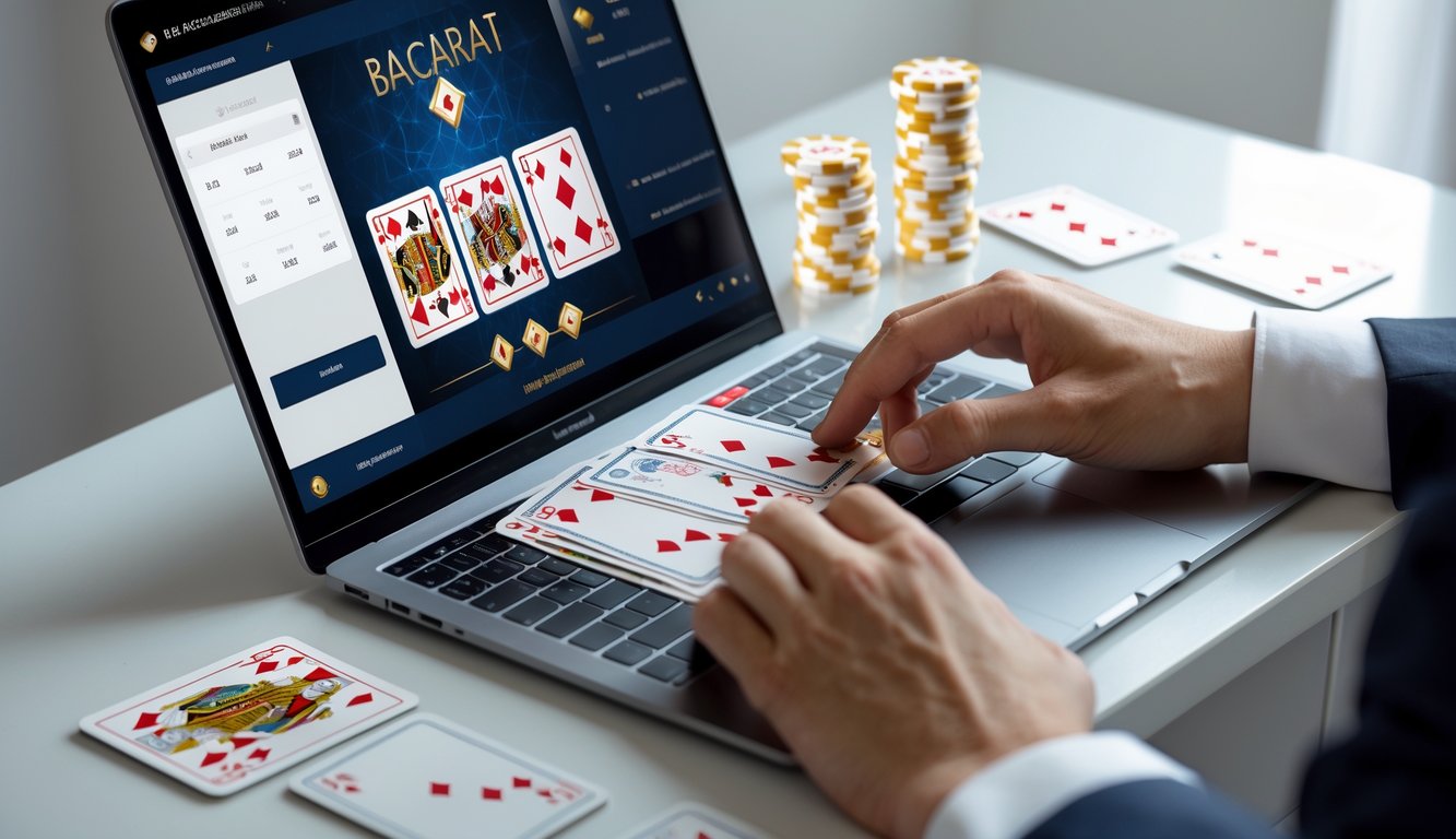 Tangan seseorang sedang bermain permainan baccarat online di depan layar komputer dengan kartu dan chip terlihat jelas.