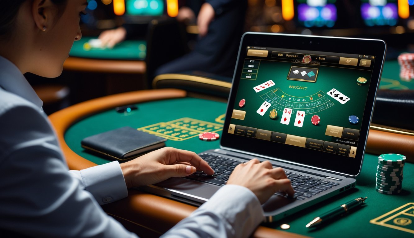 Seorang pria atau wanita berpakaian rapi sedang menggunakan laptop untuk bermain baccarat online di lingkungan kasino yang elegan dengan meja hijau dan chip poker di sekitar.