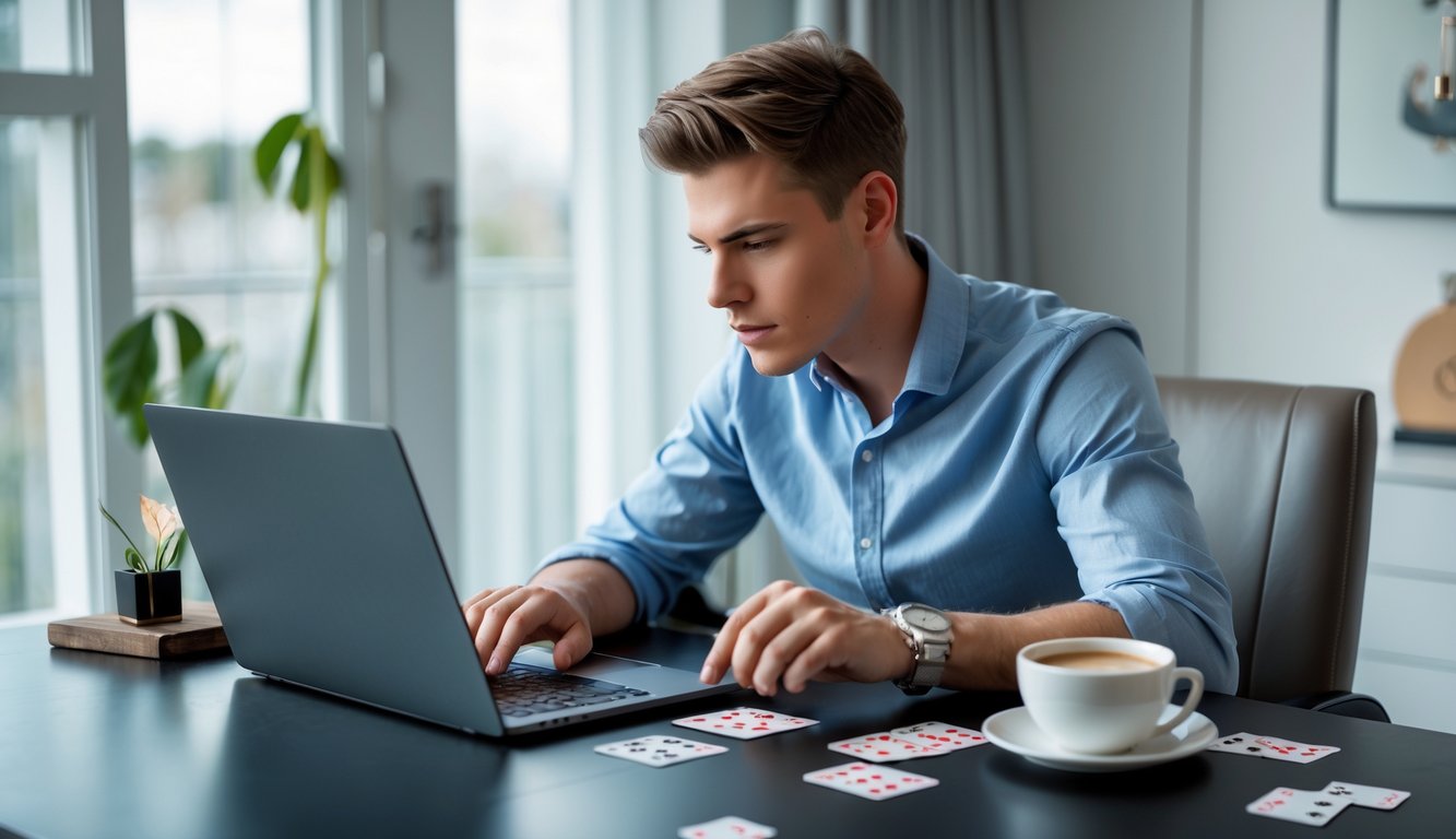 Seorang pria muda duduk di meja dengan laptop, fokus bermain baccarat online dengan kartu dan chip di sampingnya.