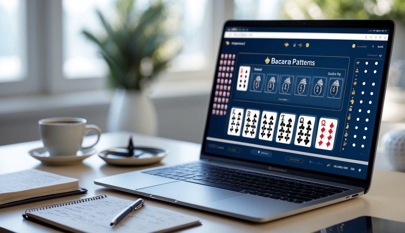 Seorang pemula belajar pola baccarat online di meja kerja dengan laptop, buku catatan, dan minuman di ruang belajar yang terang.