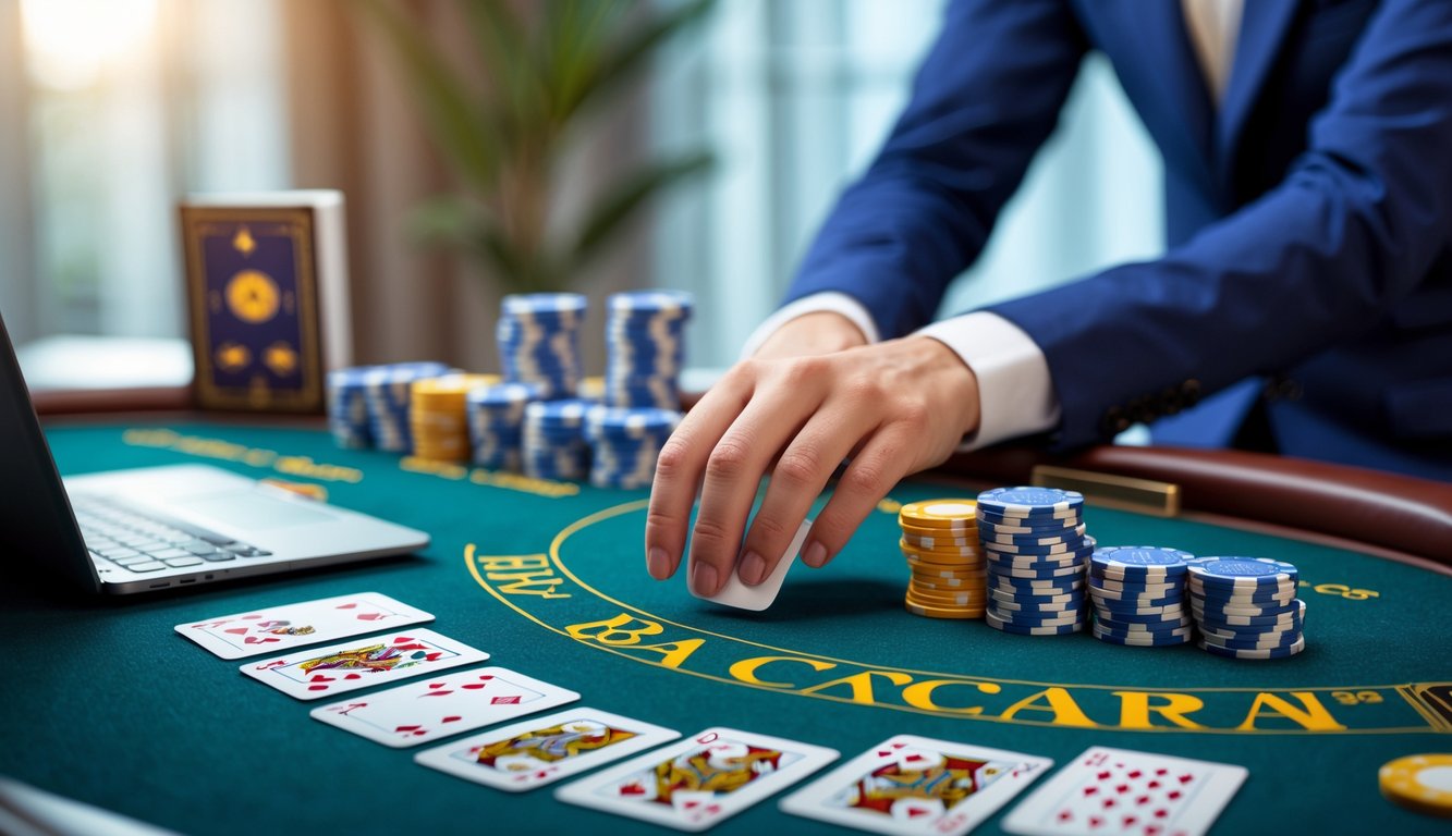 Meja permainan Baccarat dengan kartu dan chip, tangan sedang membagikan kartu, suasana belajar permainan Baccarat.