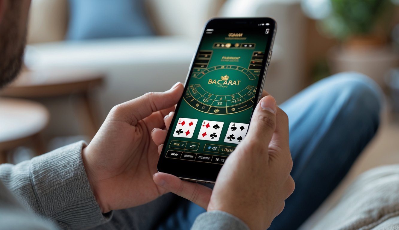 Seseorang sedang bermain baccarat online di ponsel dengan tampilan permainan kartu di layar.