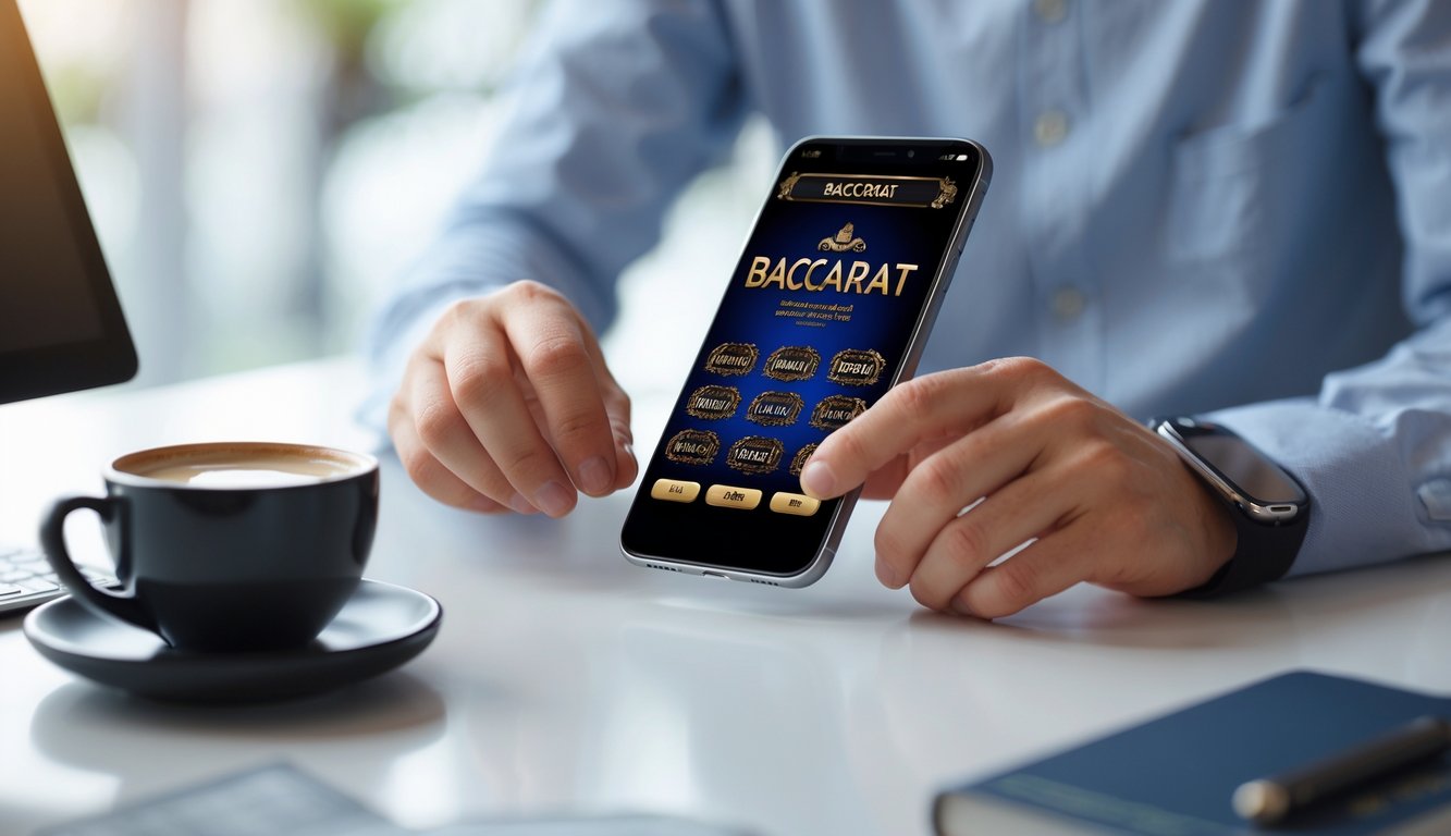 Seseorang sedang bersiap bermain baccarat online menggunakan smartphone di atas meja kerja yang rapi.