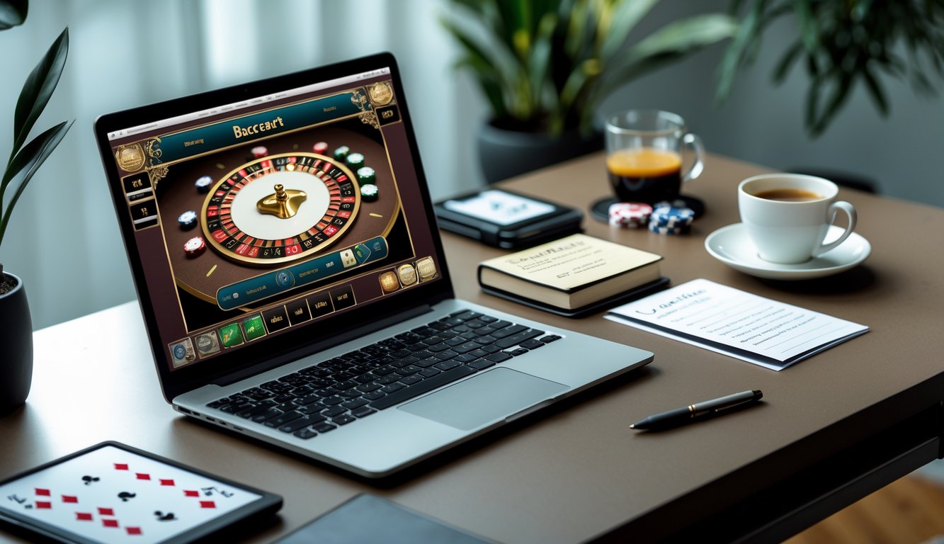 Seorang pria duduk di depan laptop dengan layar permainan baccarat online, di meja terdapat catatan dan chip poker.
