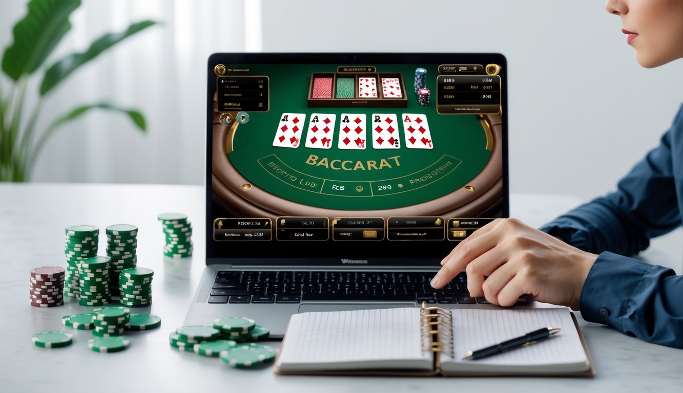 Seseorang sedang bermain baccarat online di depan komputer dengan chip poker dan buku catatan di meja.