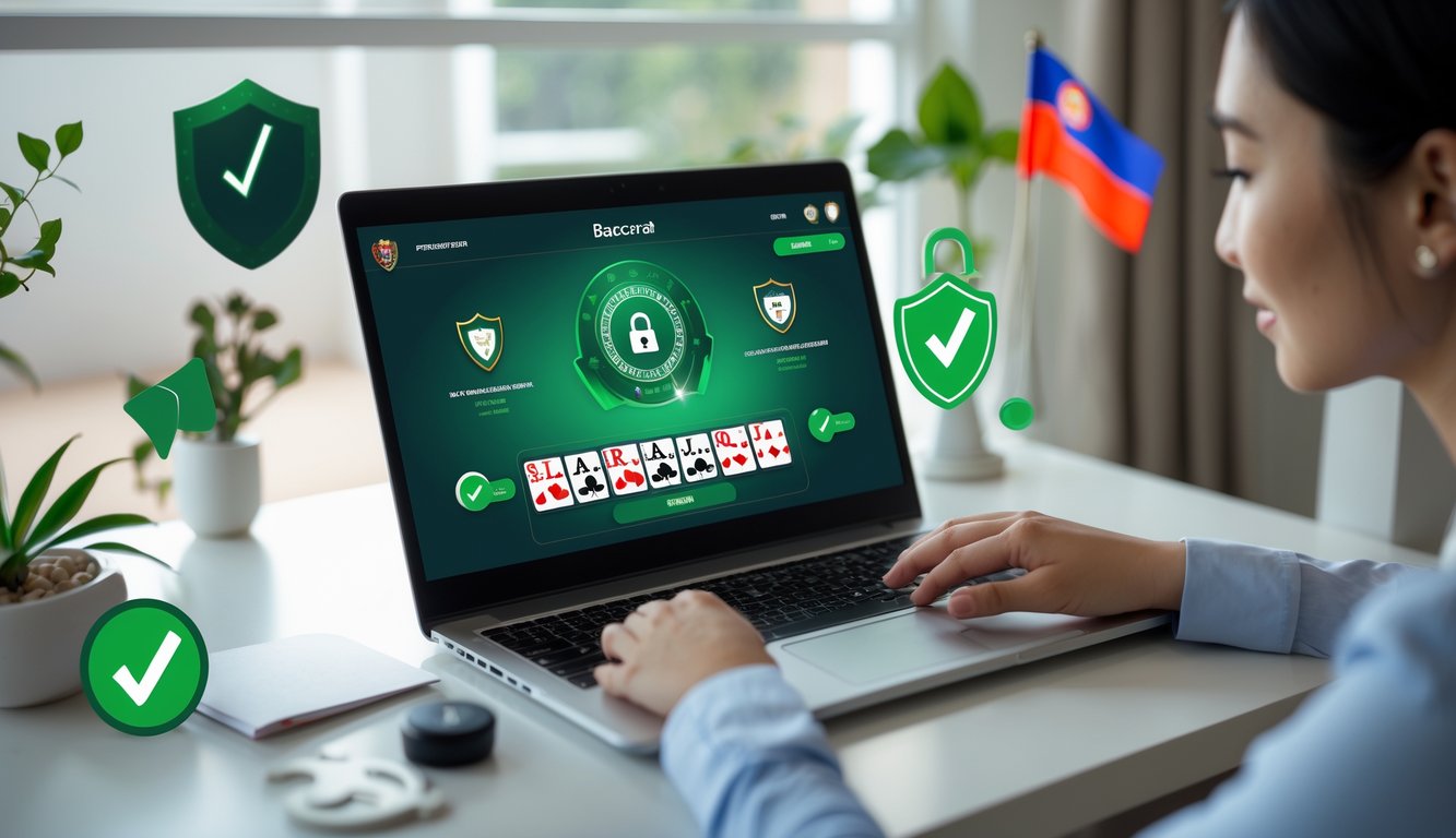 Seseorang menggunakan laptop di meja kerja dengan tampilan permainan baccarat online dan simbol keamanan, di latar belakang terdapat elemen yang menunjukkan suasana Indonesia.