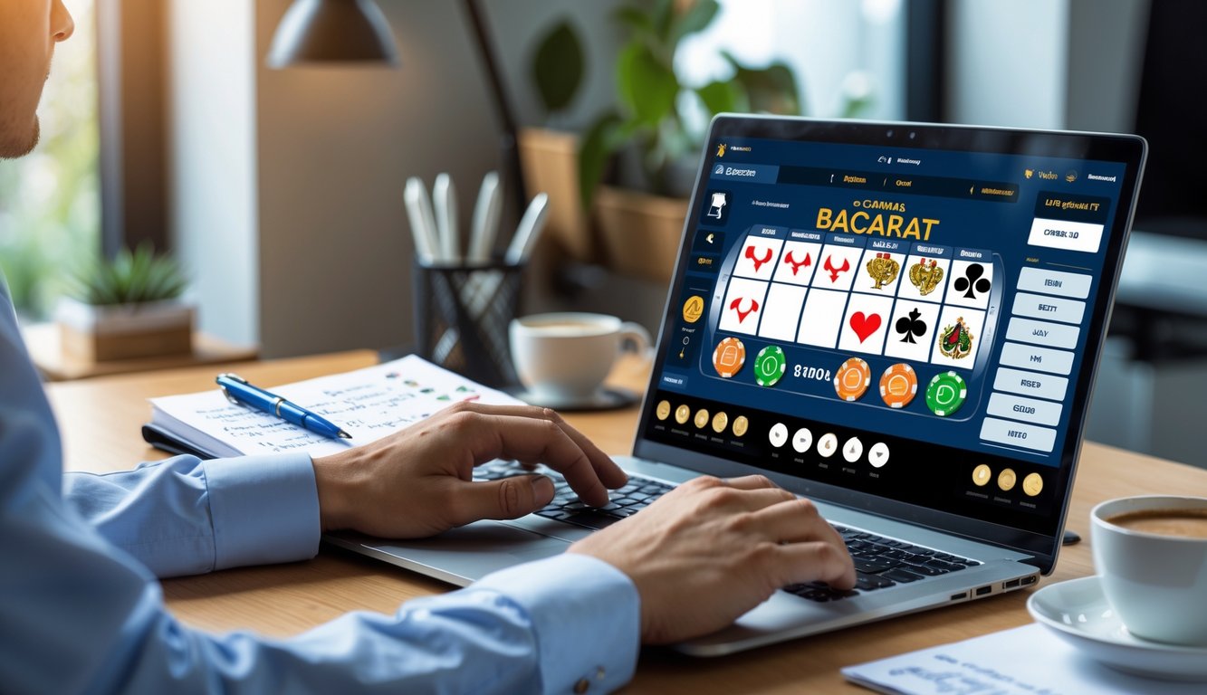 Seorang pria muda duduk di meja dengan laptop yang menampilkan permainan baccarat online, mengatur chip poker dan mencatat di buku catatan.