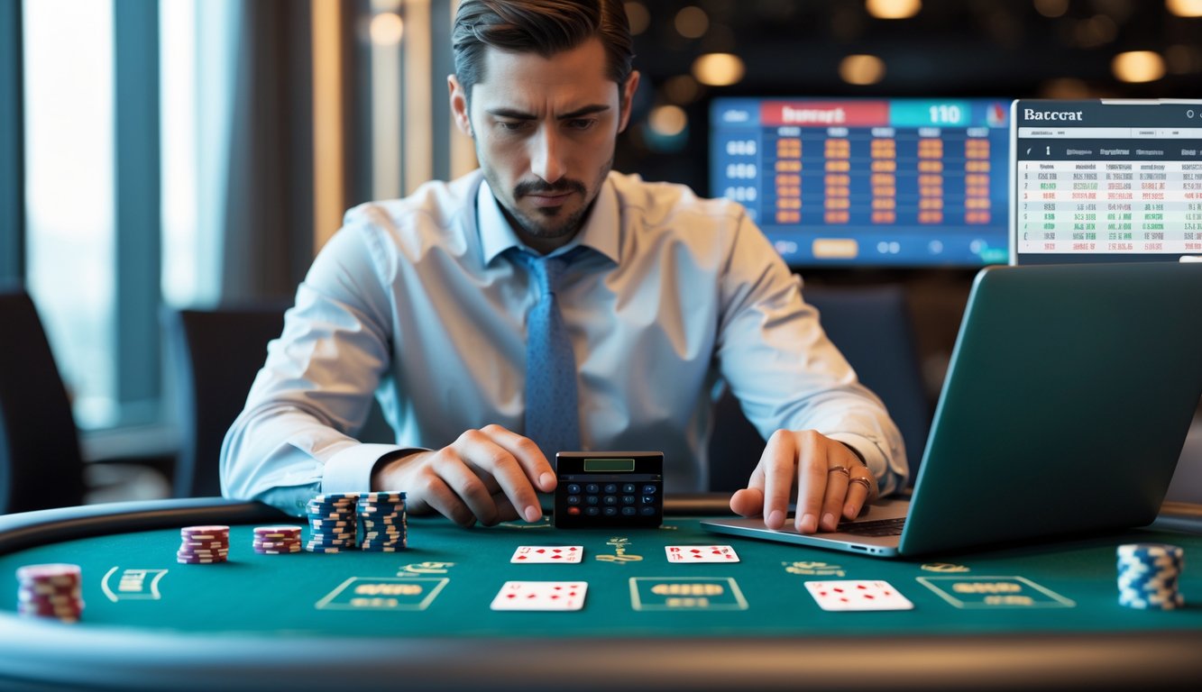 Seorang pria dewasa duduk di meja permainan baccarat online dengan kartu dan chip, menggunakan kalkulator dan laptop untuk mengatur modal dengan fokus.