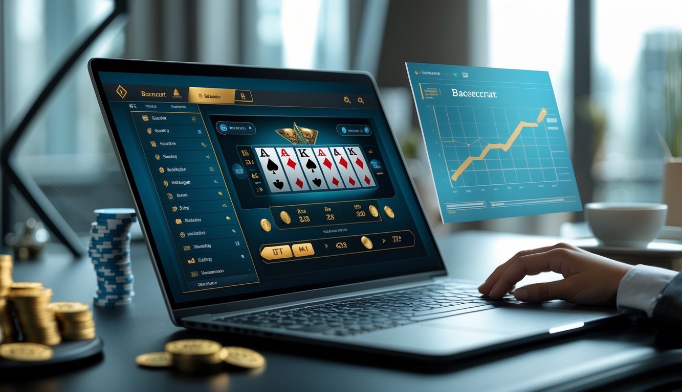Seorang pemain sedang fokus menggunakan komputer untuk bermain baccarat online dengan grafik dan data statistik di latar belakang.