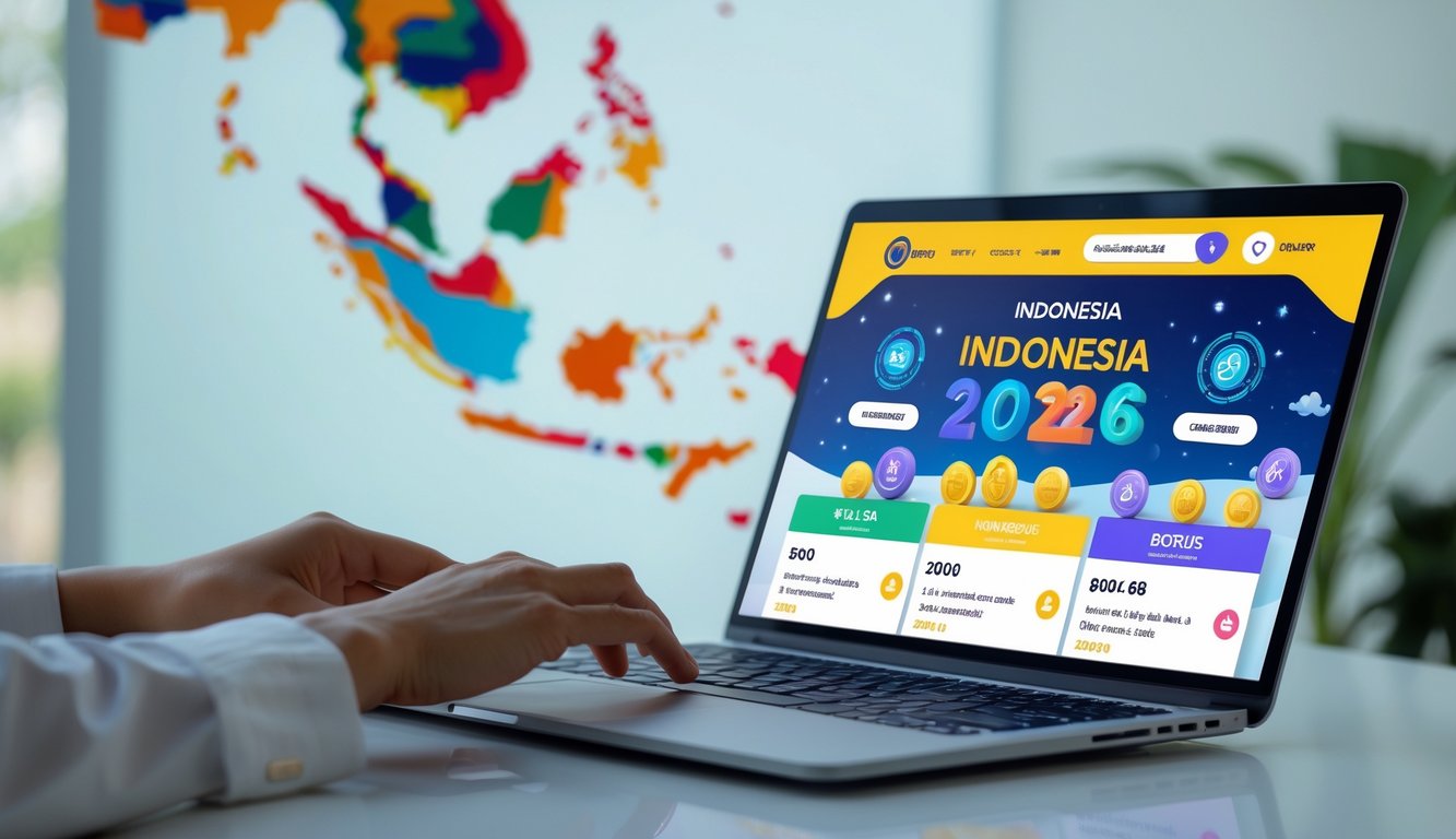 Seseorang menggunakan laptop atau ponsel untuk mengakses situs togel online terpercaya dengan tampilan antarmuka yang menarik dan elemen budaya Indonesia di latar belakang.