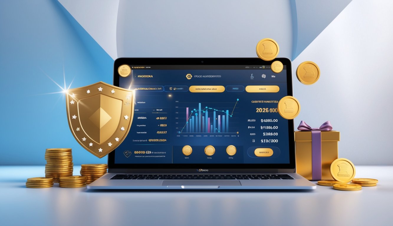Seseorang menggunakan laptop yang menampilkan situs togel online terpercaya dengan simbol keamanan dan hadiah di sekitarnya.