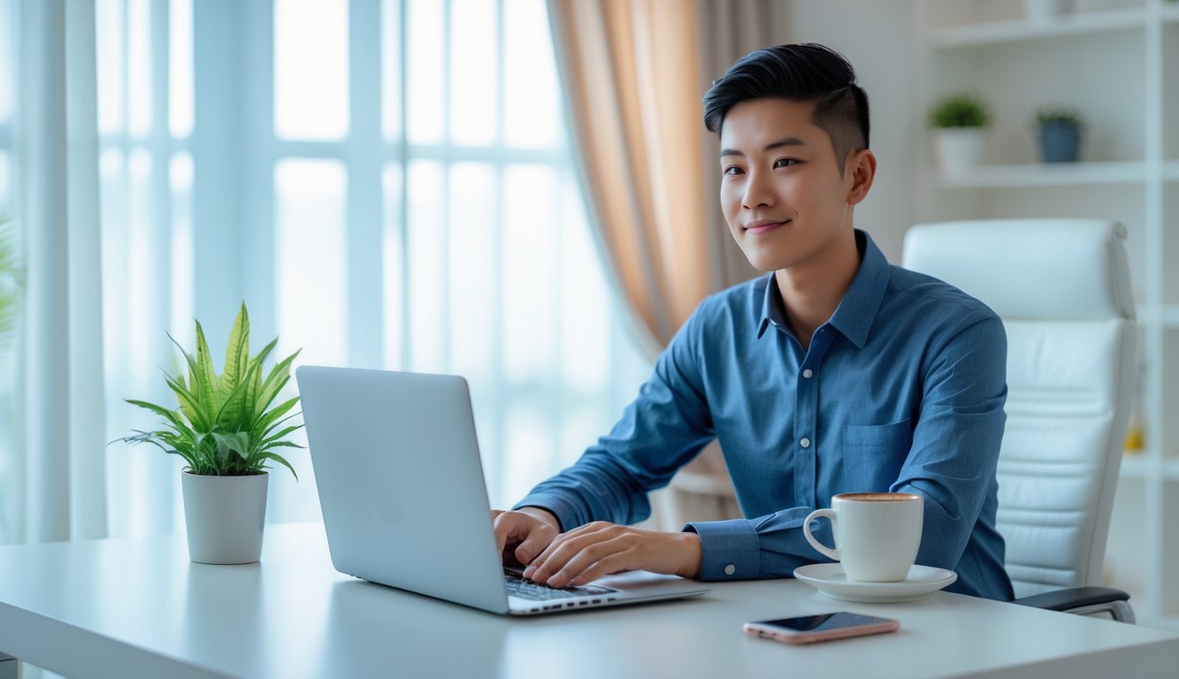 Seorang pemuda Indonesia duduk di meja kerja di rumah, menggunakan laptop dengan ekspresi percaya diri dan fokus.