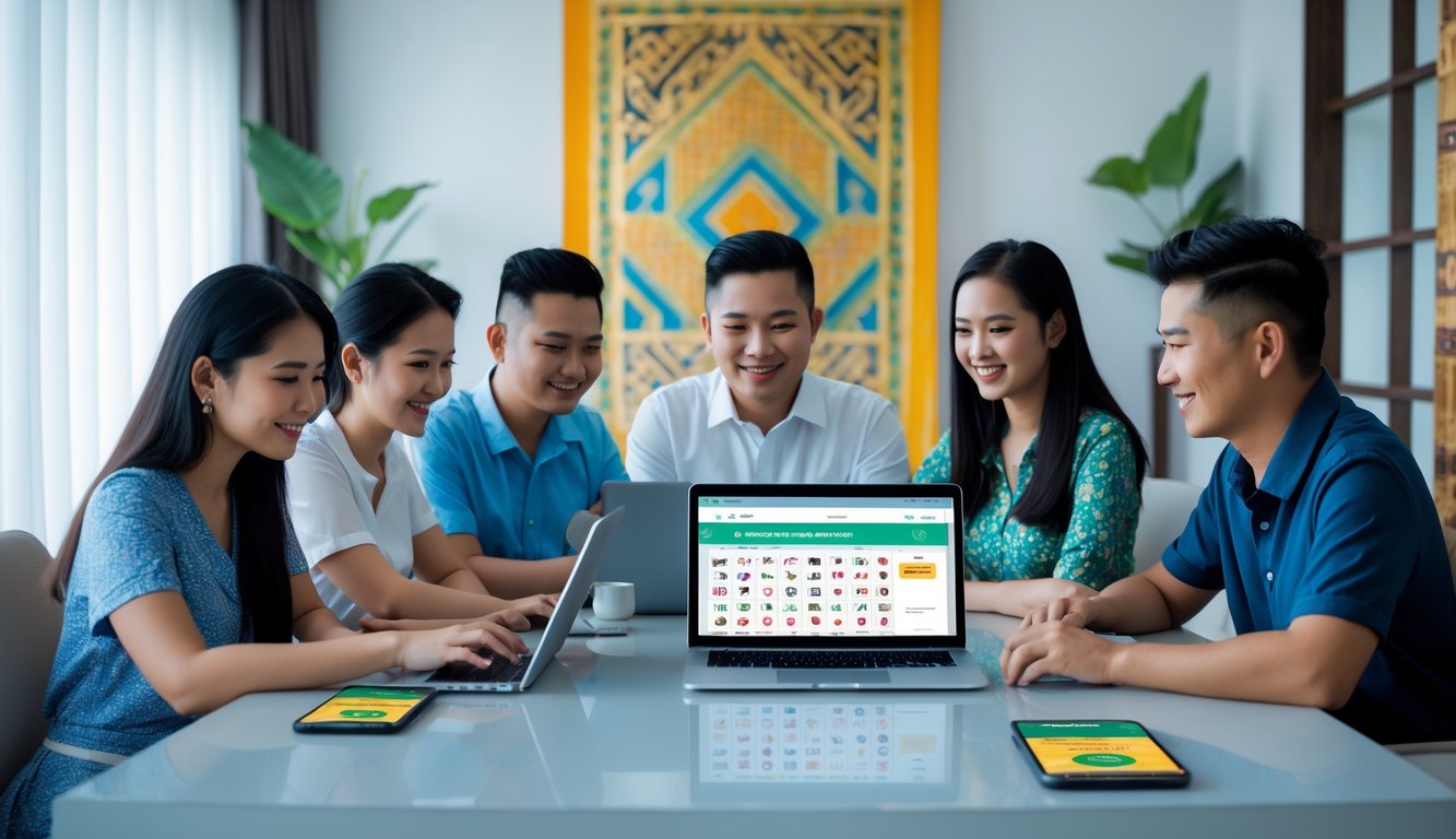 Sekelompok orang muda Indonesia duduk bersama menggunakan laptop dan ponsel dalam ruangan terang dengan elemen budaya lokal, menunjukkan suasana bermain togel online yang aman dan terpercaya.