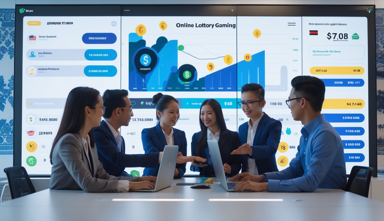 Sekelompok profesional muda sedang bekerja di kantor modern dengan layar digital besar yang menampilkan data dan angka togel, suasana menunjukkan layanan pembayaran cepat dan terpercaya.