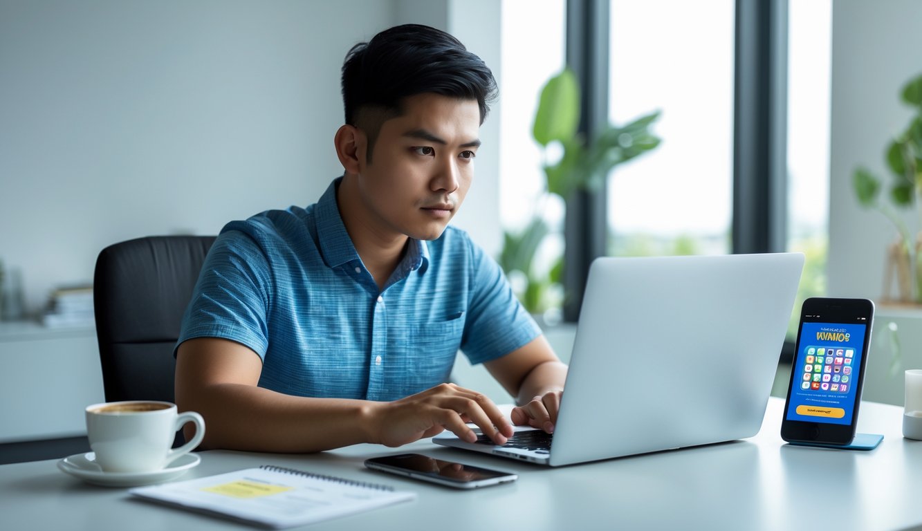 Seorang pria muda Indonesia duduk di meja kantor menggunakan laptop dengan suasana ruang kerja yang rapi dan terang.