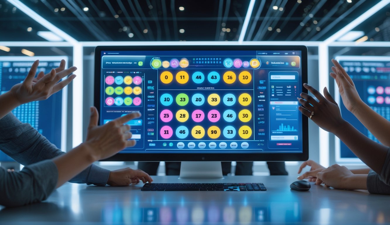 Suasana kerja modern dengan layar komputer menampilkan antarmuka togel digital dan beberapa tangan orang yang berinteraksi.