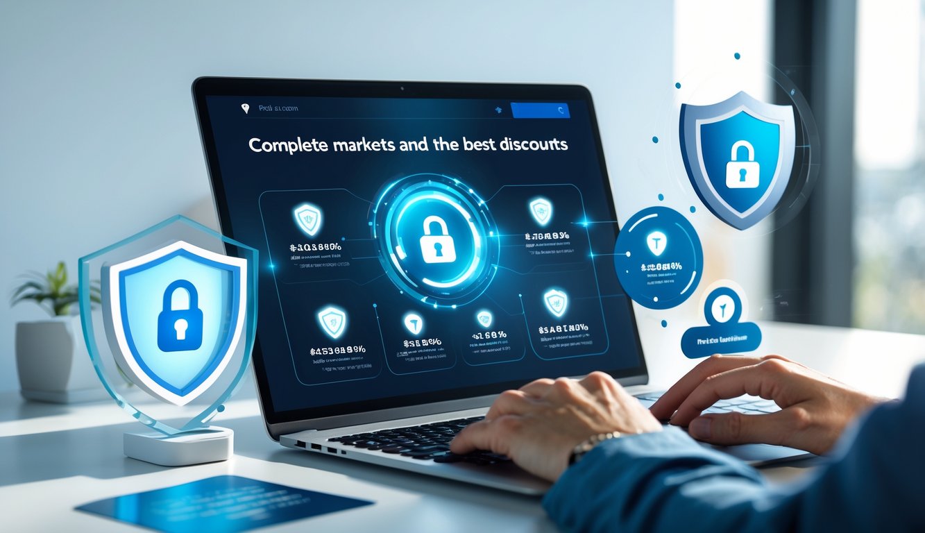 Seorang pengguna sedang menggunakan laptop dengan tampilan antarmuka lotere online yang menunjukkan berbagai pasar dan simbol keamanan di meja kerja yang rapi.
