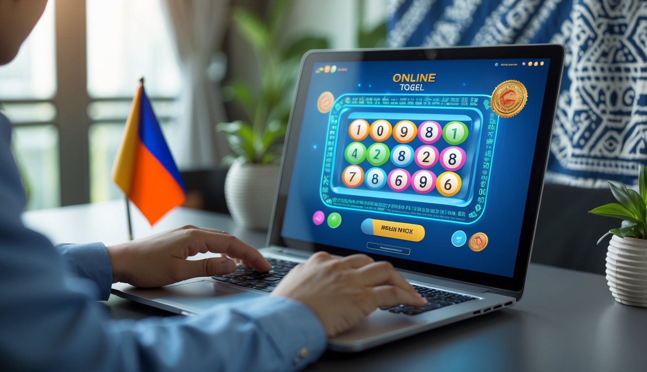 Seseorang menggunakan laptop di meja kerja dengan latar belakang elemen budaya Indonesia, menggambarkan suasana togel online yang terpercaya dan aman.