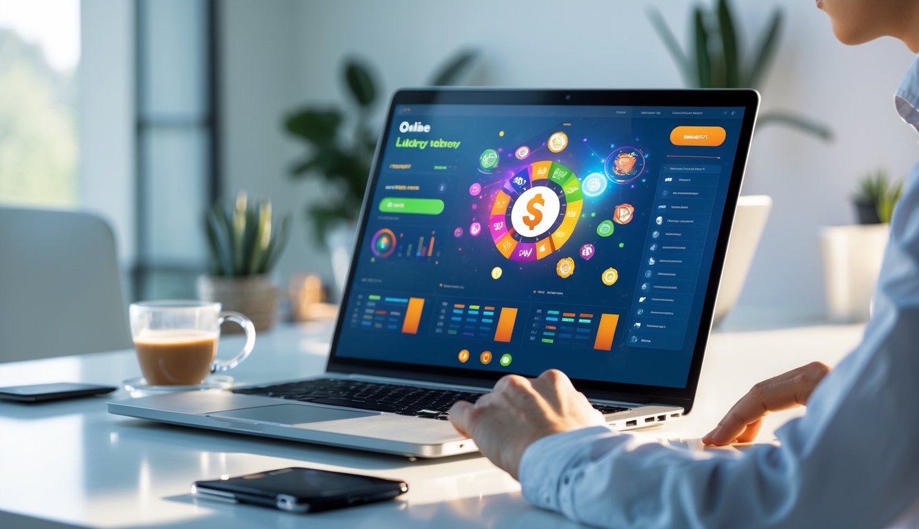 Seseorang menggunakan laptop di meja kerja modern dengan tampilan situs togel online di layar.
