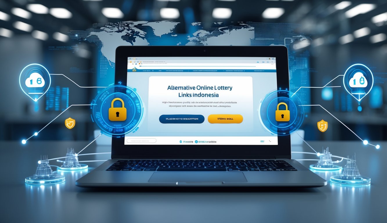 Seorang pengguna duduk di depan laptop dengan tampilan situs togel online yang modern dan aman, dikelilingi oleh simbol keamanan dan elemen budaya Indonesia.