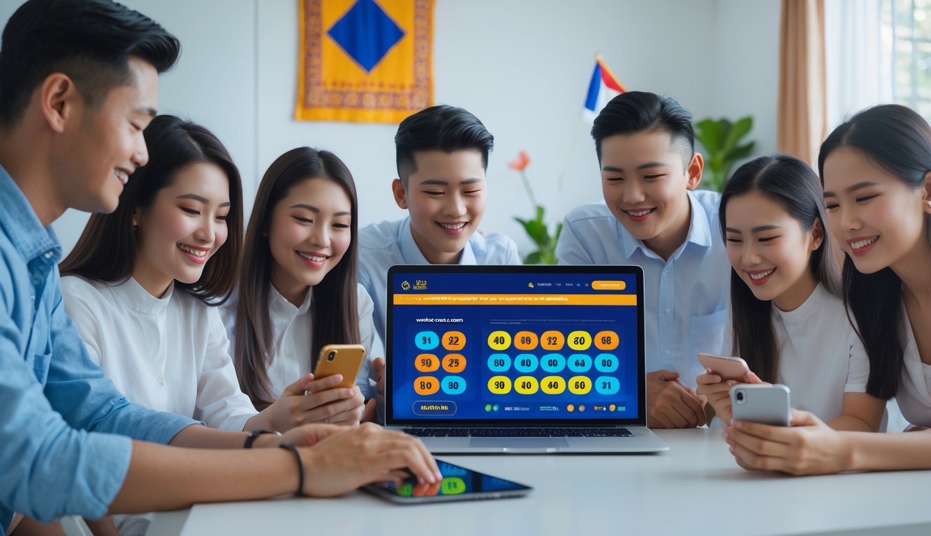 Sekelompok orang muda sedang menggunakan laptop dan ponsel untuk bermain togel online di ruangan yang terang dan nyaman.