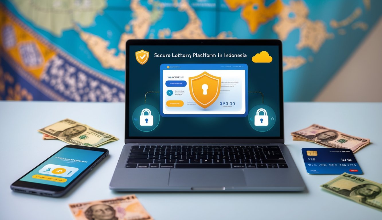 Meja kerja modern dengan laptop yang menampilkan antarmuka situs togel online, ponsel dengan aplikasi perbankan, kartu kredit, dan uang rupiah di sekitarnya.