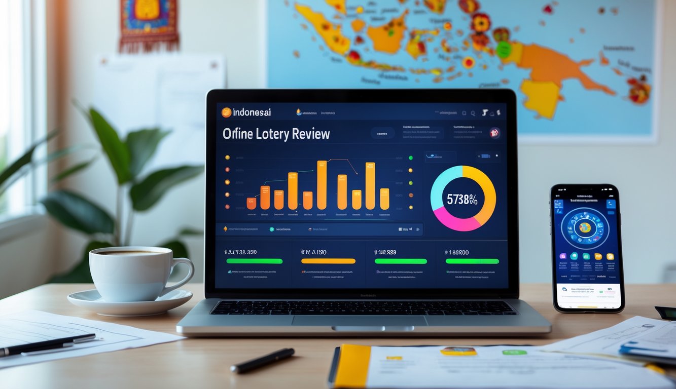 Sebuah ruang kerja modern dengan laptop yang menampilkan grafik dan statistik, smartphone dengan aplikasi togel, dan dekorasi batik kecil di latar belakang.