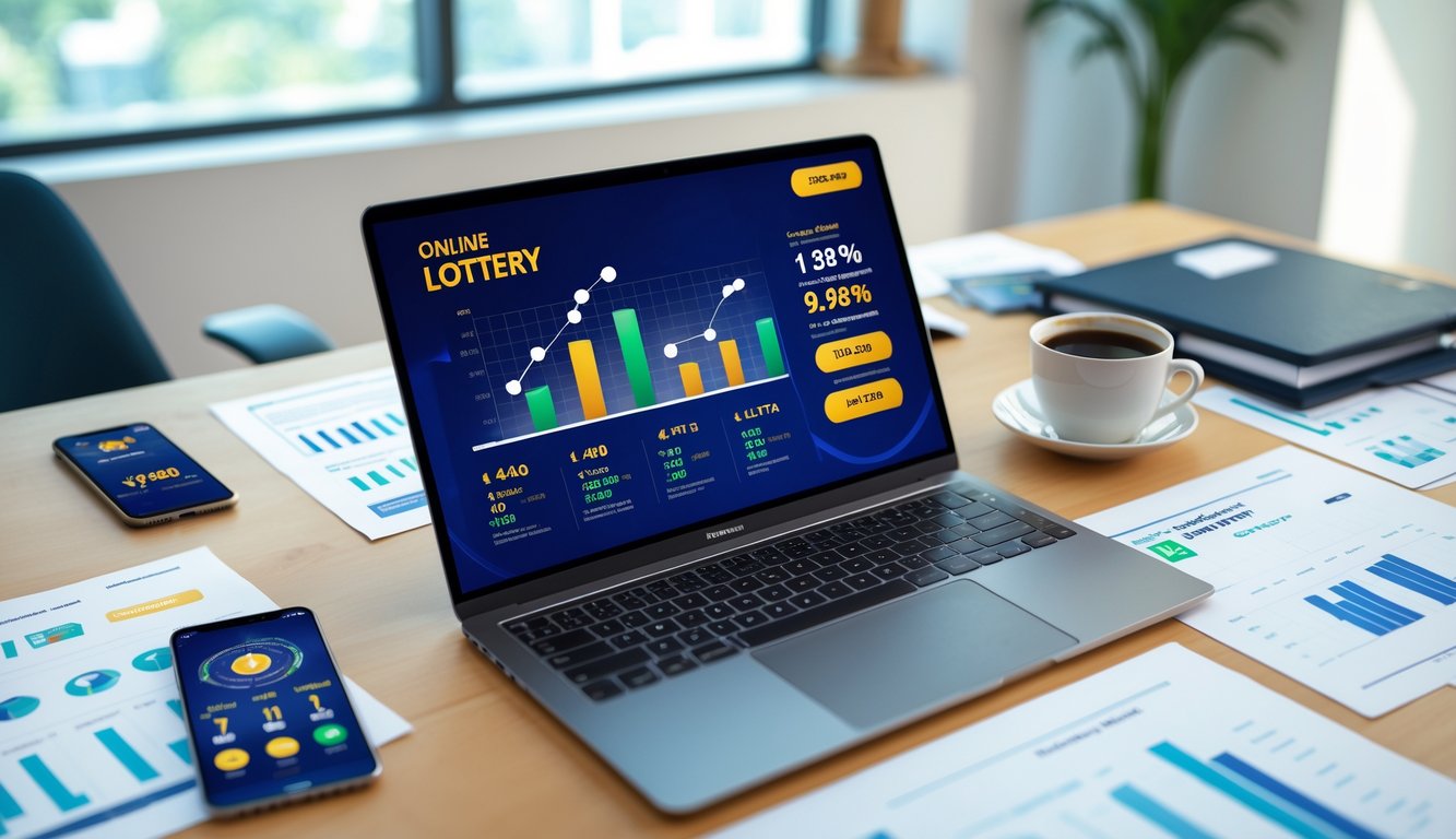 Sebuah ruang kerja modern dengan laptop yang menampilkan antarmuka lotere digital dan grafik, ponsel dengan hasil lotere, cangkir kopi, dan dokumen tertata rapi di atas meja.